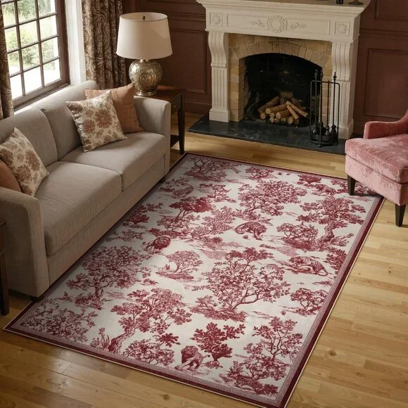 5x7 Area Rugs Red Delft Rug for Living Room, Washable Rug for Bedroom Dining Roo - Picture 1 of 8